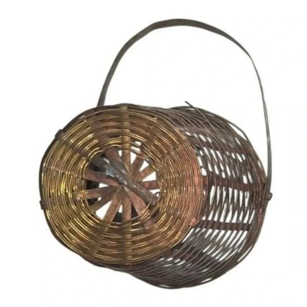 VINTAGE‎ metal basket patina brass color braided working hinged handles 1